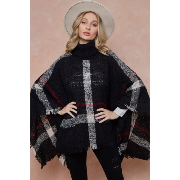 CLEARANCE Black Plaid Turtleneck Cape Poncho Knit Sweater - Picture 2 of 5